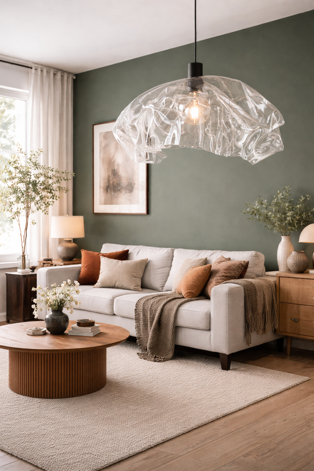 Skulpturale Designlampe mit transparentem Wellen-Schirm Lichtobject