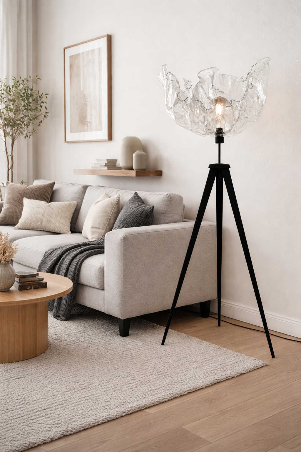 Skulpturale Designlampe mit transparentem Wellen-Schirm Lichtobject
