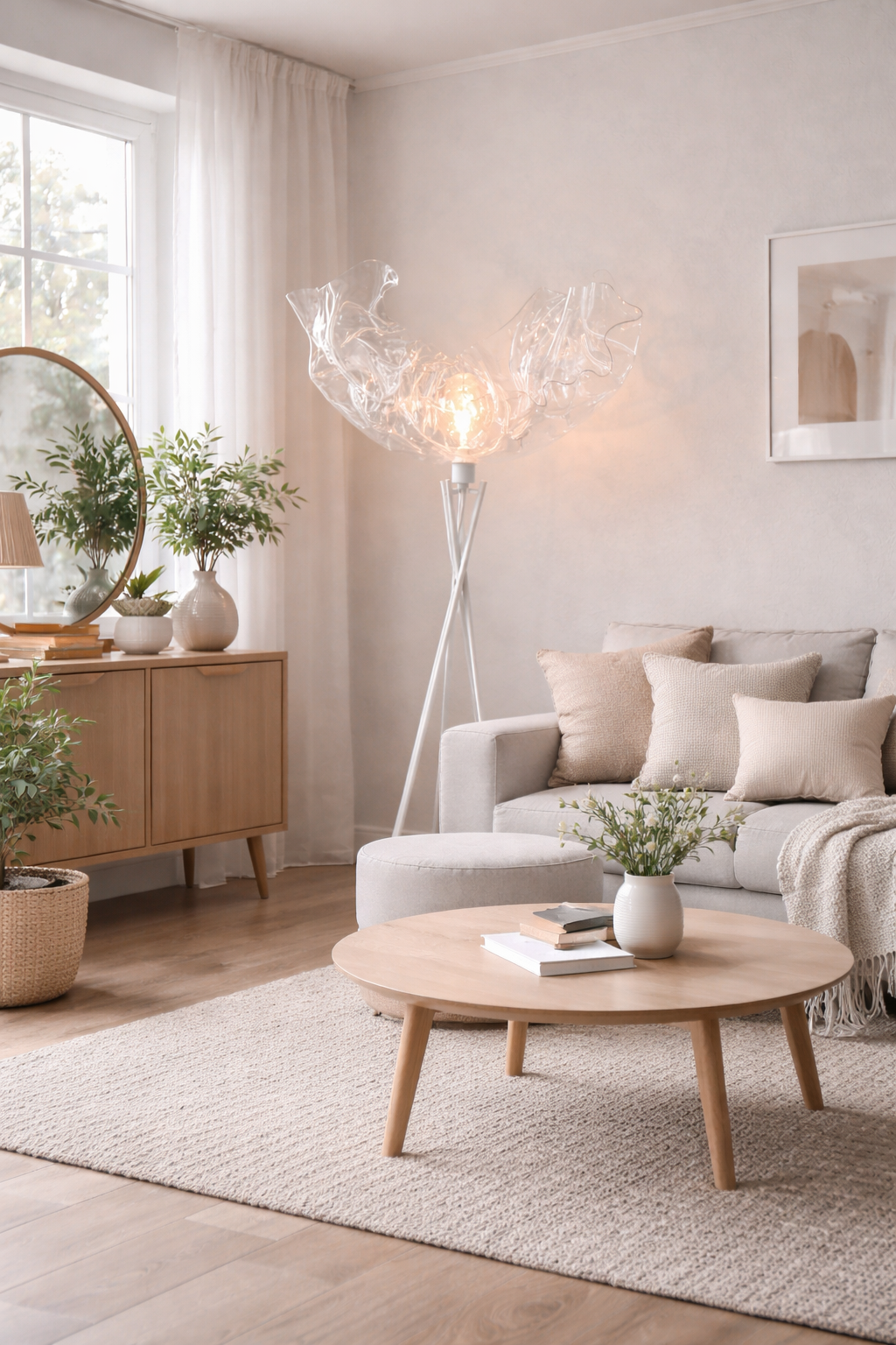 Skulpturale Designlampe mit transparentem Wellen-Schirm Lichtobject